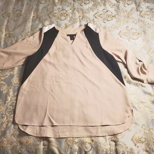 Lane Bryant V-Neck High Low Tunic Top, 14/16, Tan, Black & Cream